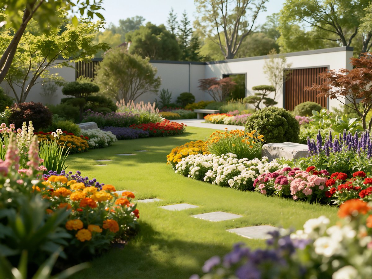 Beautiful contemporary garden with stepping stones and flowering beds